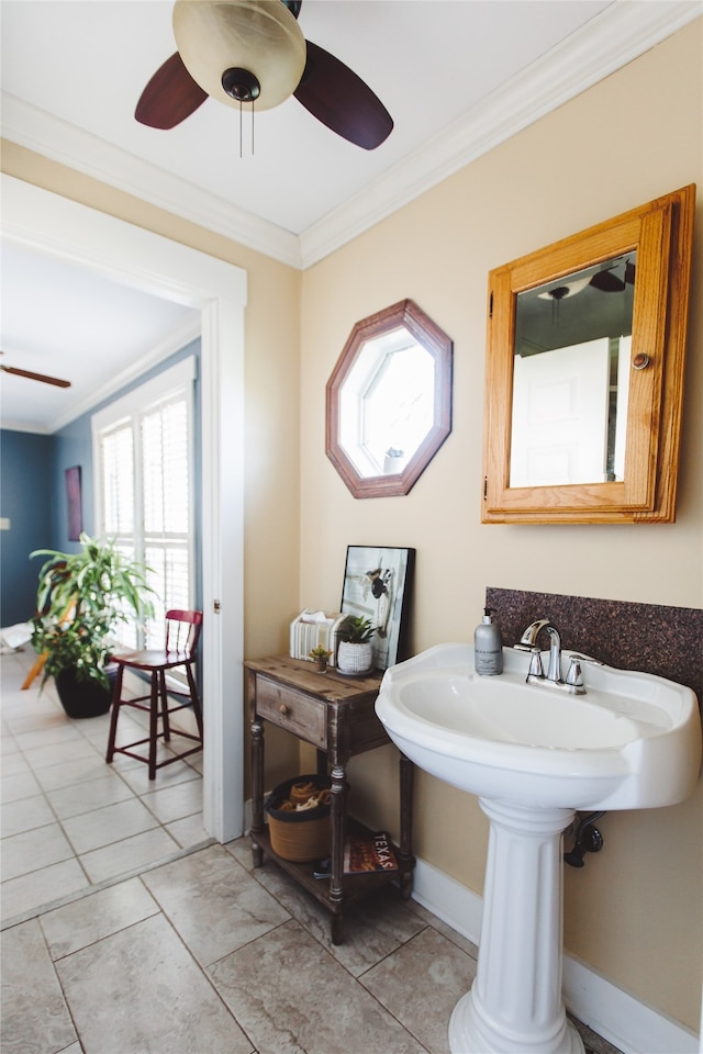 bathroom with tile patterned floors and ornamental molding