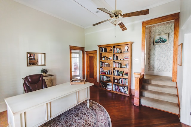 home office with ceiling fan, dark hardwood / wood-style flooring, and ornamental molding