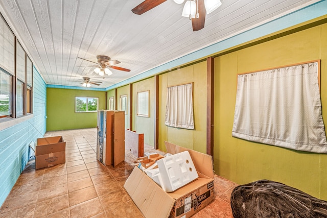 interior space with wood ceiling and a ceiling fan