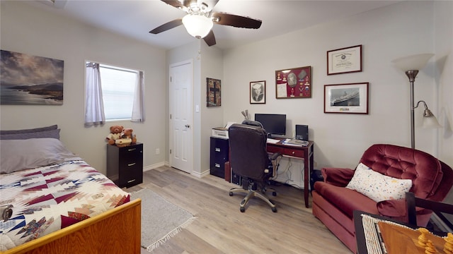 bedroom featuring ceiling fan and light wood-type flooring