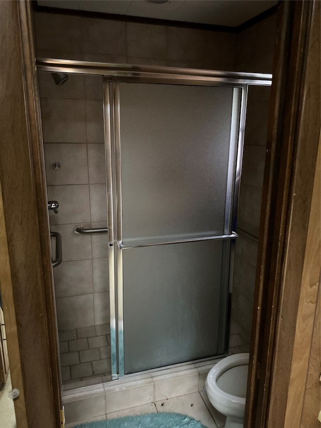 bathroom with tile flooring, a shower with shower door, and toilet