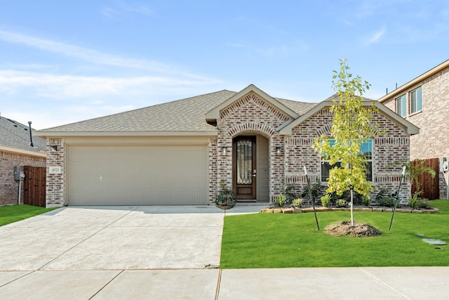 ranch-style house featuring a garage and a front lawn