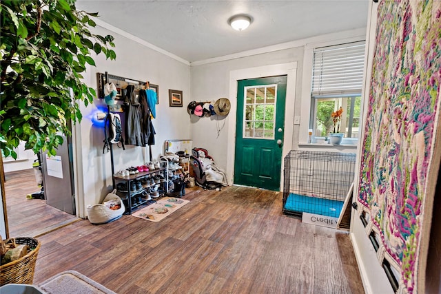 entrance foyer featuring hardwood / wood-style flooring, ornamental molding, and a textured ceiling