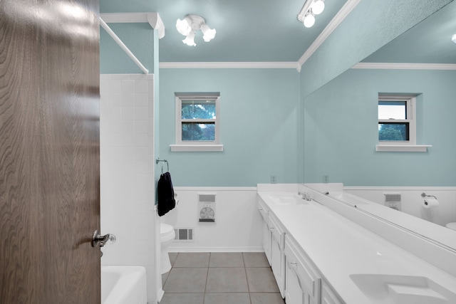 full bathroom with tile patterned flooring, vanity, toilet, and crown molding