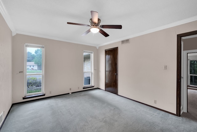 empty room with light colored carpet and crown molding