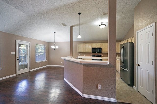 kitchen with stainless steel fridge, wood-type flooring, white electric stove, hanging light fixtures, and lofted ceiling