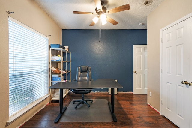 office featuring ceiling fan, dark hardwood / wood-style flooring, and a textured ceiling