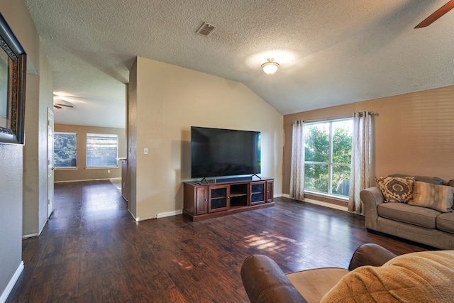 living room featuring dark hardwood / wood-style floors, a healthy amount of sunlight, and lofted ceiling