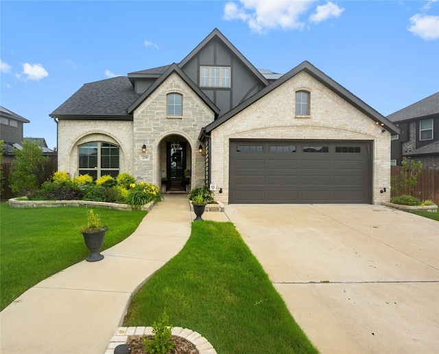 french country style house with a garage and a front yard