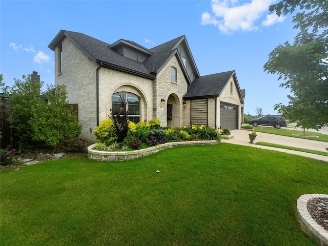 french country home featuring a front yard and a garage