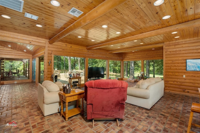 living room featuring wood ceiling, log walls, and beamed ceiling