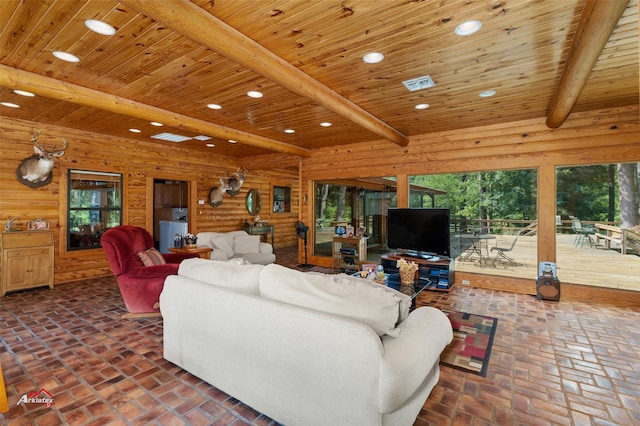 living room with wood ceiling, log walls, and beamed ceiling