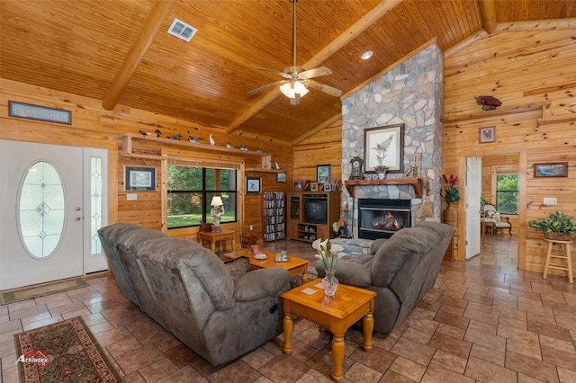 living room with wooden ceiling, wooden walls, beamed ceiling, and high vaulted ceiling