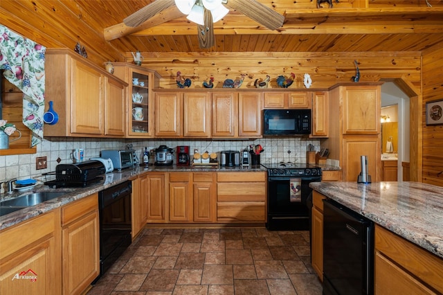 kitchen with black appliances, beamed ceiling, wooden ceiling, sink, and stone countertops