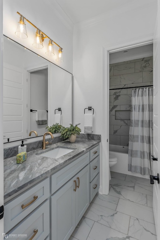 bathroom featuring crown molding, shower / bath combo, and vanity