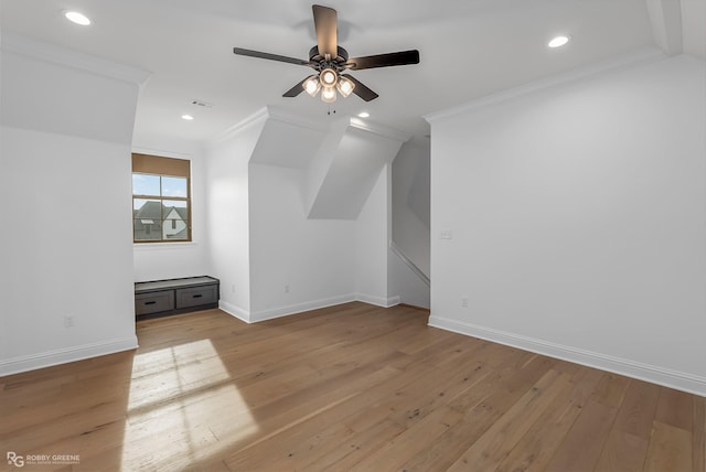 additional living space featuring ceiling fan and light hardwood / wood-style floors