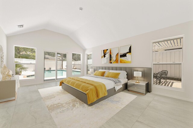 bedroom with light tile patterned floors, vaulted ceiling, and access to outside