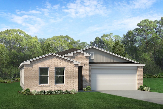 ranch-style home featuring a garage and a front lawn