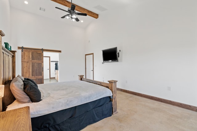 carpeted bedroom featuring beamed ceiling, a towering ceiling, a barn door, and ceiling fan