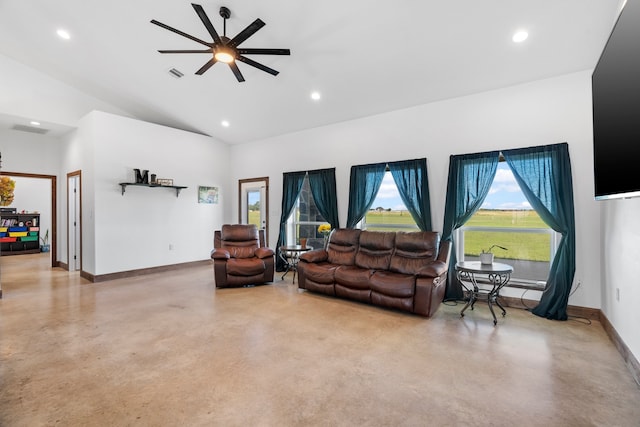 living room featuring vaulted ceiling and ceiling fan