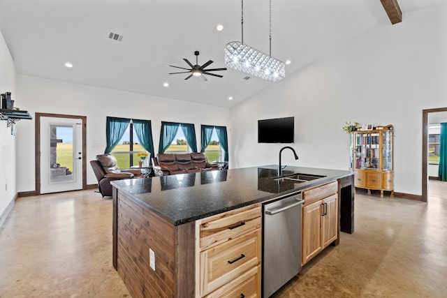 kitchen featuring dishwasher, a center island with sink, sink, and ceiling fan