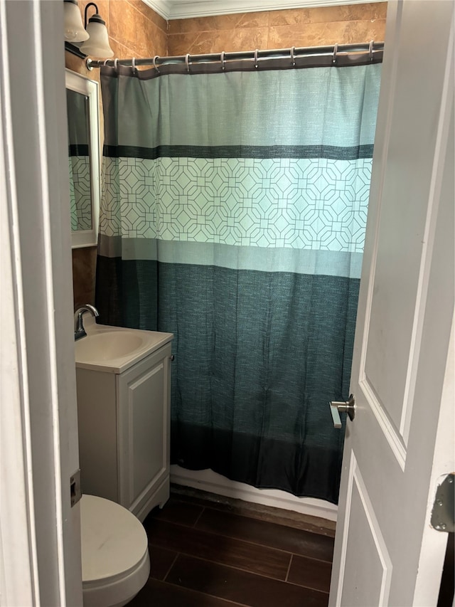 bathroom with wood-type flooring, vanity, and toilet