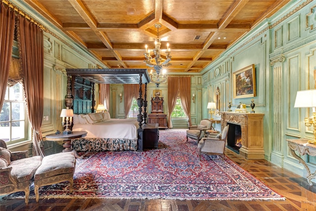 bedroom featuring wooden ceiling, coffered ceiling, and multiple windows