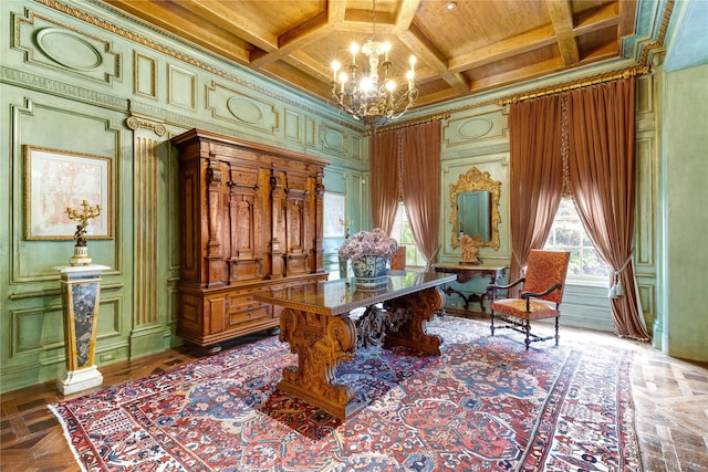 office with beamed ceiling, coffered ceiling, wood ceiling, and an inviting chandelier