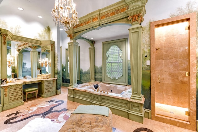 bathroom featuring ornamental molding, vanity, shower with separate bathtub, and decorative columns