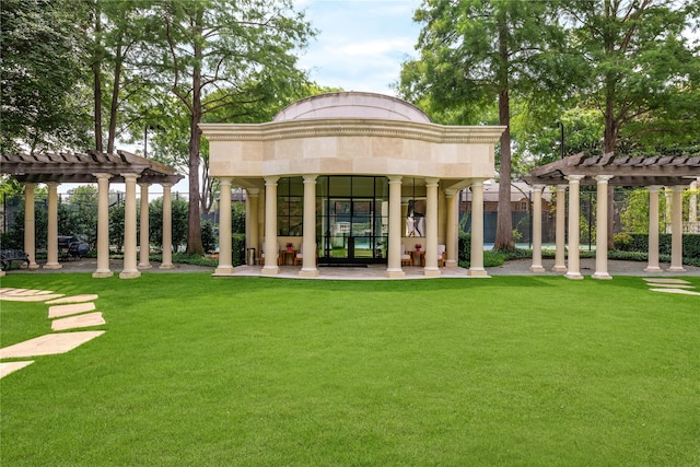 surrounding community with a patio area, a pergola, and a lawn