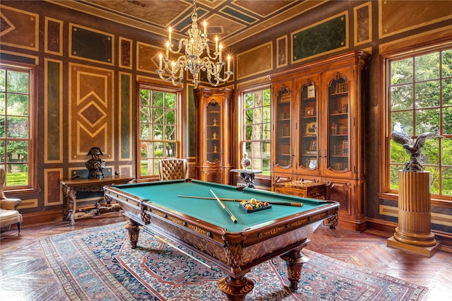 recreation room with a wealth of natural light, parquet flooring, and pool table