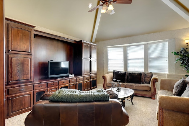 living room with lofted ceiling with beams, light colored carpet, and ceiling fan