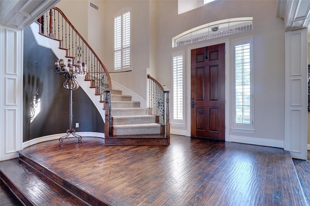 foyer entrance with dark hardwood / wood-style flooring, a high ceiling, and plenty of natural light