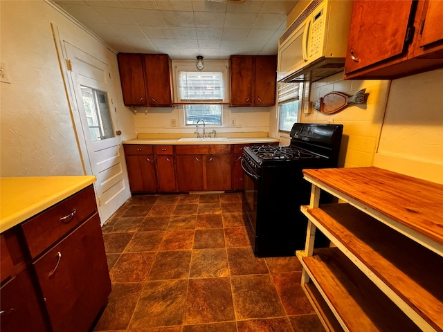 kitchen with tasteful backsplash, black range, and sink