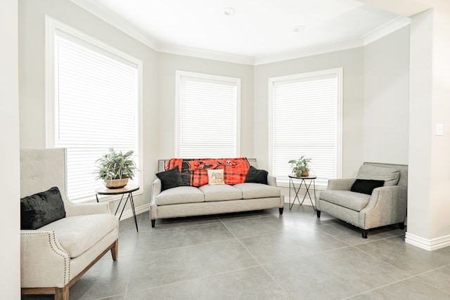 tiled living room with ornamental molding