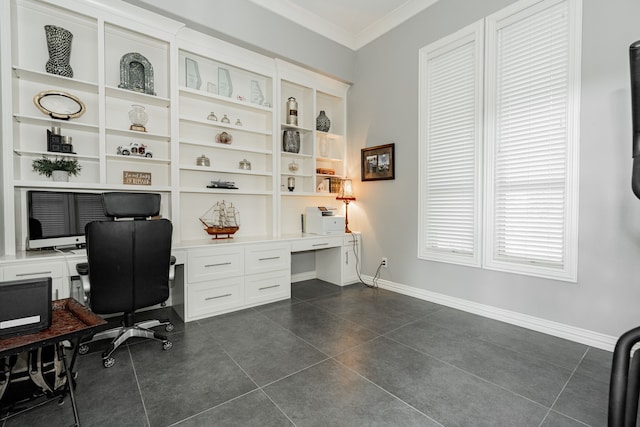 office featuring crown molding and dark tile floors