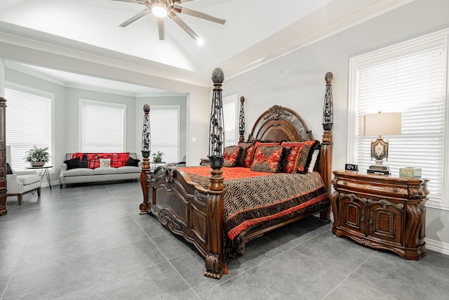 bedroom with tile floors, ceiling fan, and vaulted ceiling