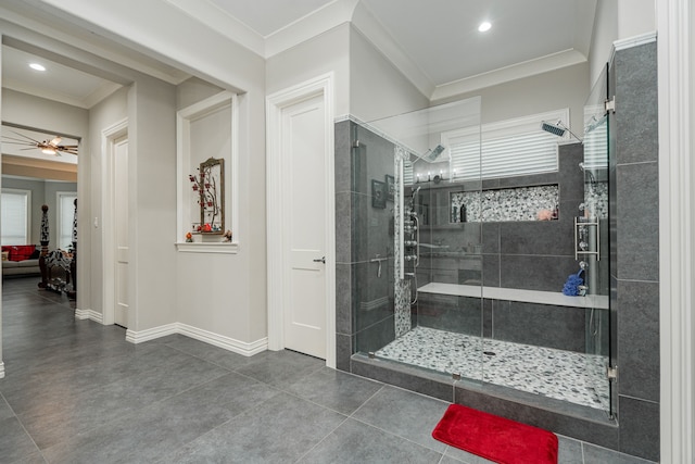 bathroom featuring an enclosed shower, ceiling fan, tile floors, and crown molding