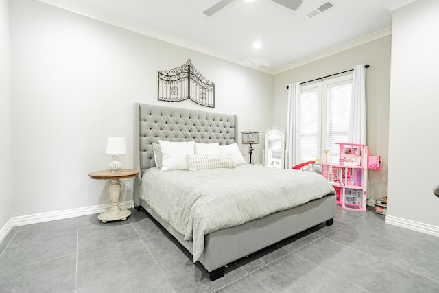 bedroom featuring ceiling fan, tile floors, and crown molding