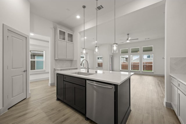 kitchen with visible vents, a ceiling fan, a sink, light countertops, and dishwasher