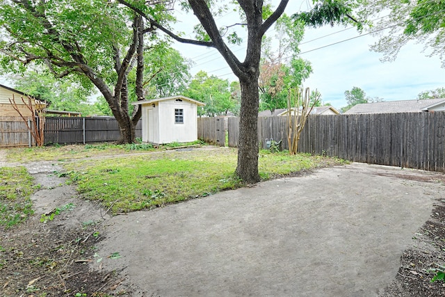 view of yard featuring a storage unit