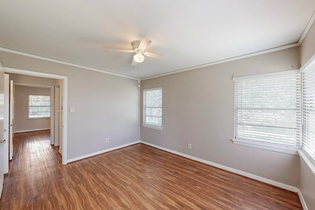 unfurnished room with crown molding, ceiling fan, and hardwood / wood-style flooring