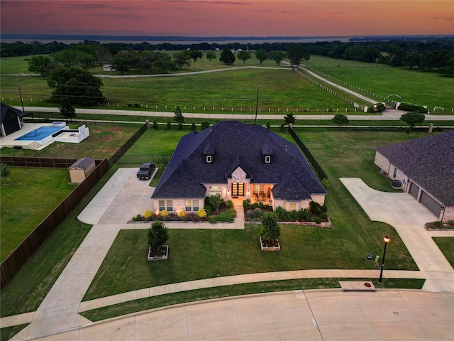 view of aerial view at dusk