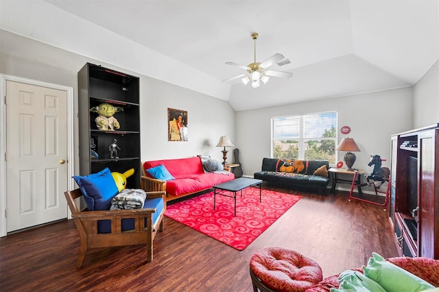 living room with dark hardwood / wood-style flooring, built in features, ceiling fan, and lofted ceiling