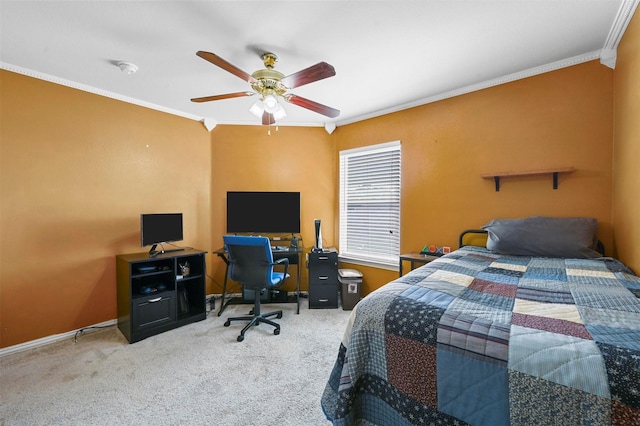 bedroom featuring carpet flooring, ceiling fan, and crown molding