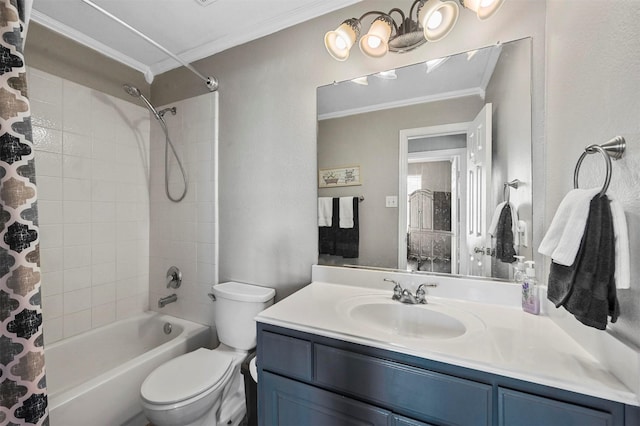 full bathroom featuring vanity, toilet, ornamental molding, and shower / tub combo with curtain