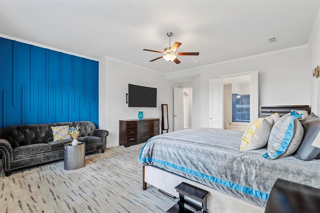 bedroom featuring baseboards, a ceiling fan, visible vents, and ornamental molding