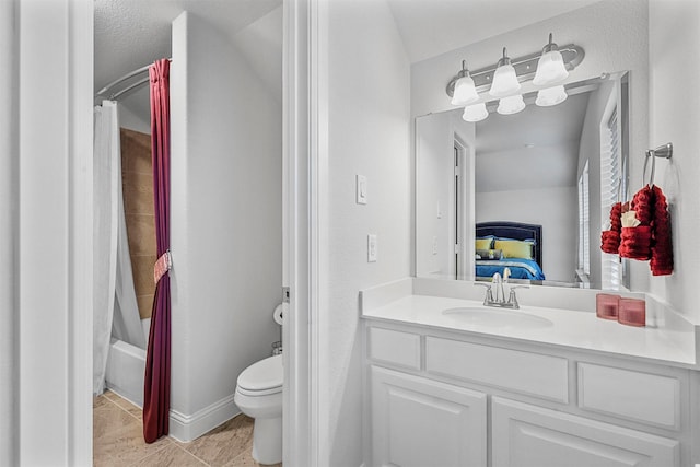bathroom featuring tile patterned floors, toilet, shower / tub combo with curtain, vanity, and connected bathroom