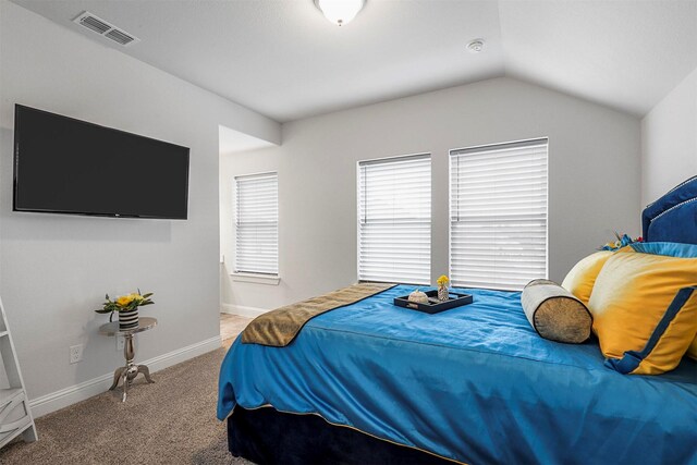 bedroom with lofted ceiling and carpet floors