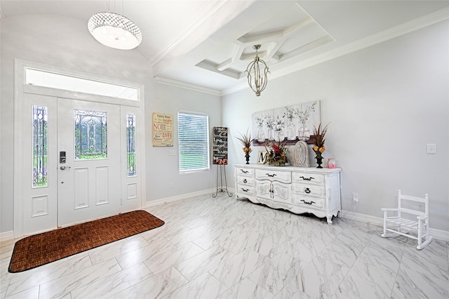 entrance foyer with beam ceiling, crown molding, and coffered ceiling